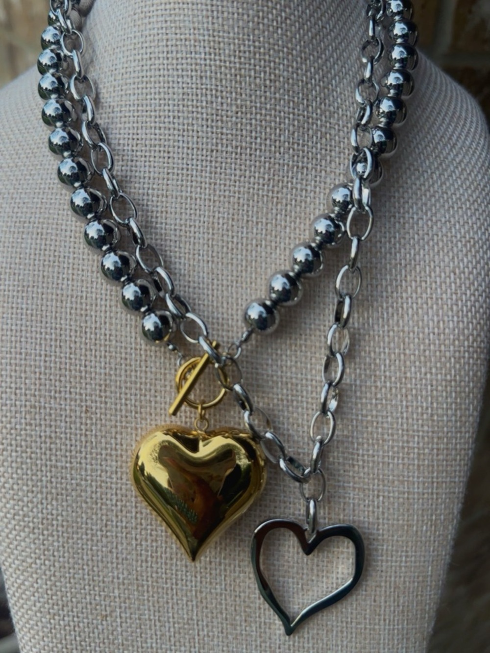 Two-Tone Beaded Heart Necklace - Gold & Silver Open Heart Necklace